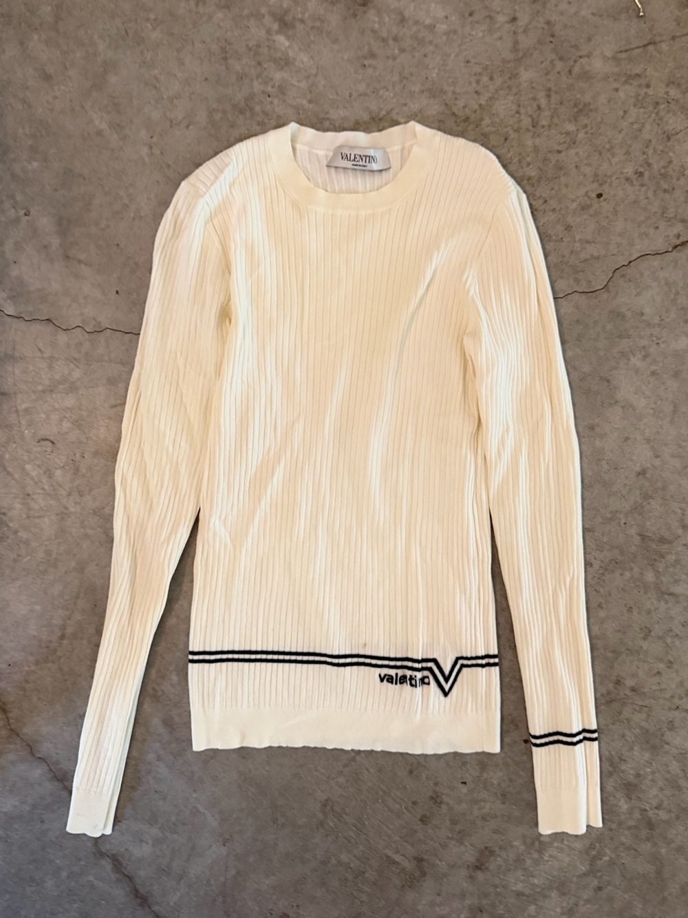 Valentino Cream Ribbed Crewneck Sweater with Black Trim